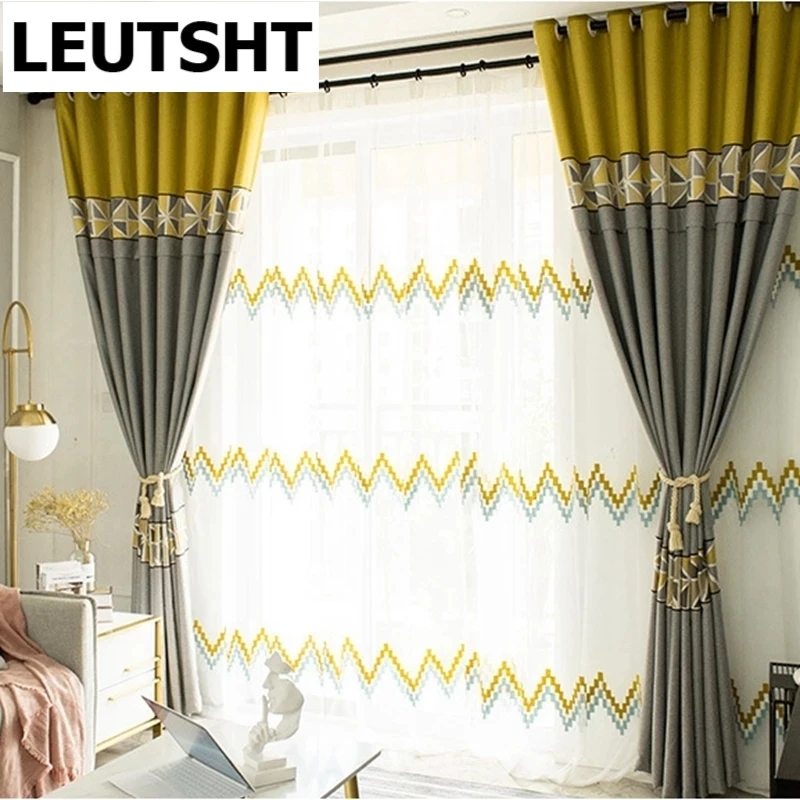 

Nordic Style Curtain for Living dining Room Bedroom Grey Yellow Splice Wave Embroidered Simple Geometric Blackout Curtain