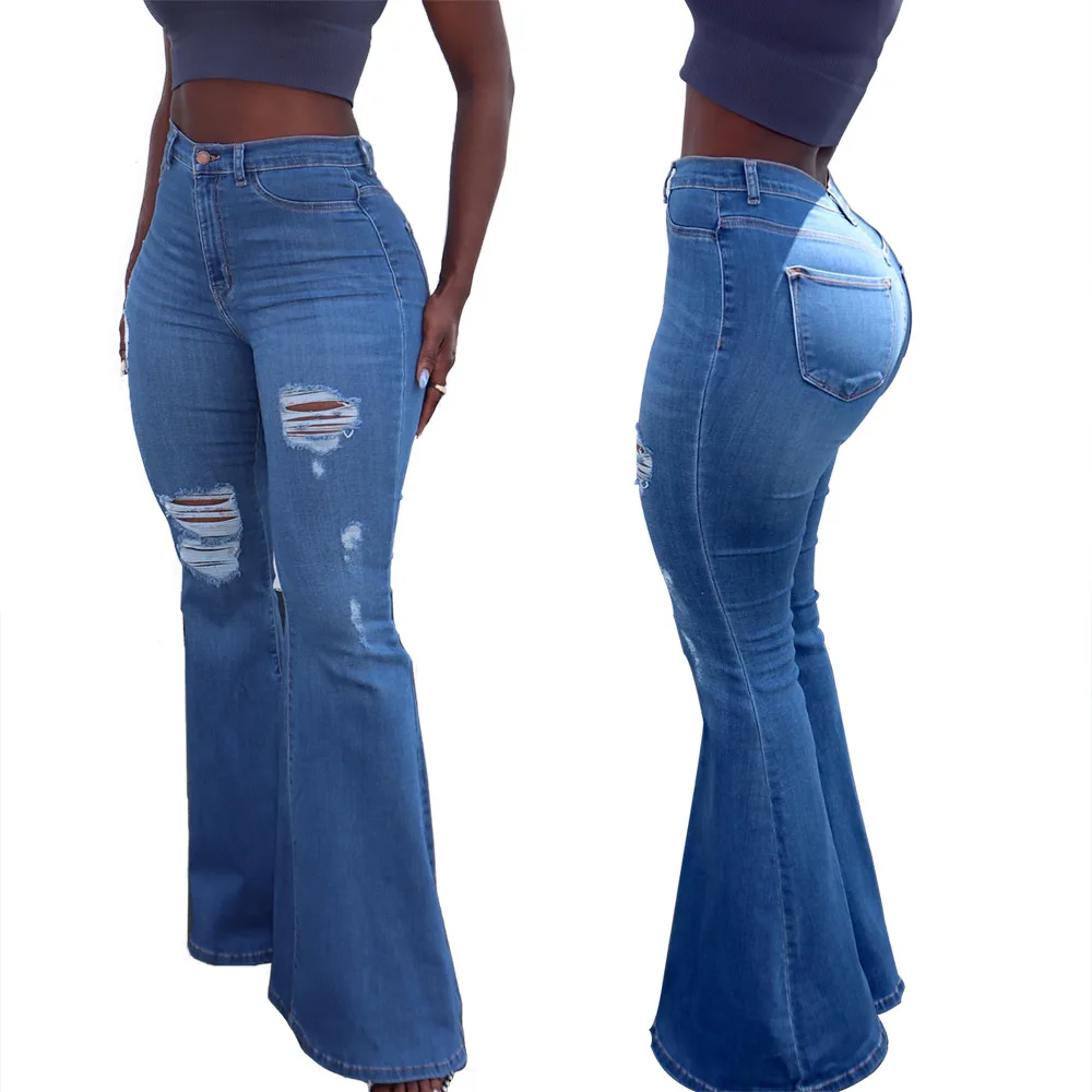 

New Autumn And Winter European And American Women's Clothing Foreign Trade Horn Wide Leg Ripped Denim Bell-Bottom Pants