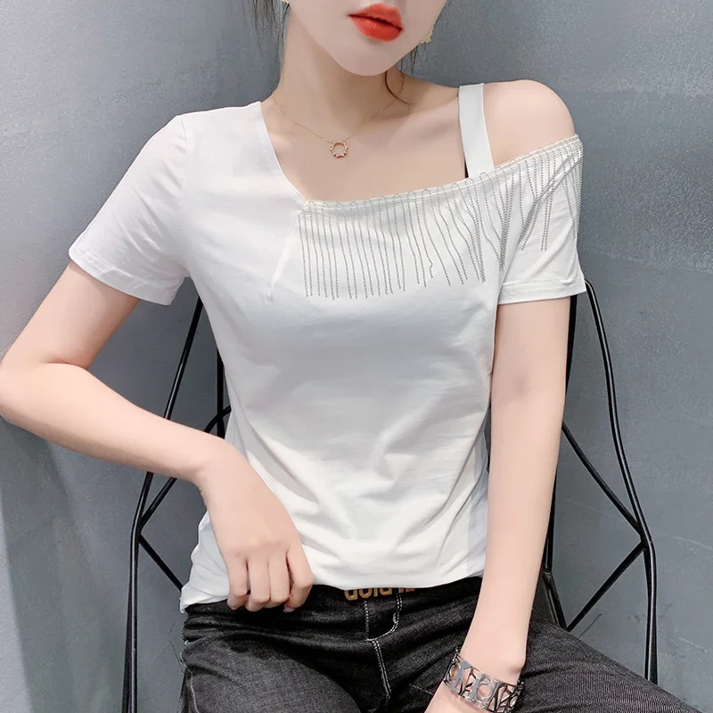 #7221 летняя черная белая серая Асимметричная футболка с воротником и коротким