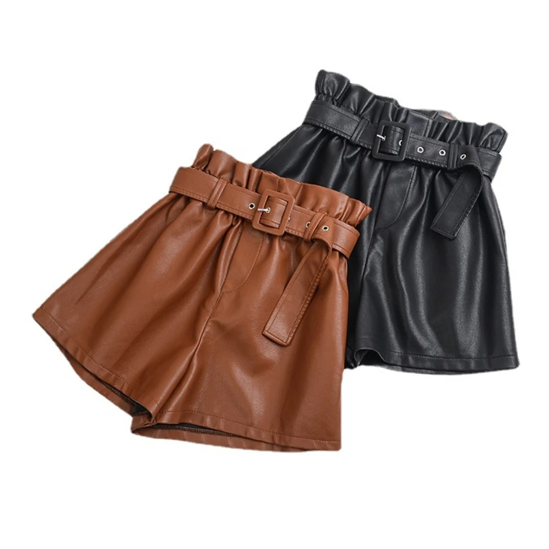 

Fashion High Waist Shorts Girls A-line Elegant Leather Shorts Bottoms Wide-legged Shorts Autumn Winter Women Leather Shorts