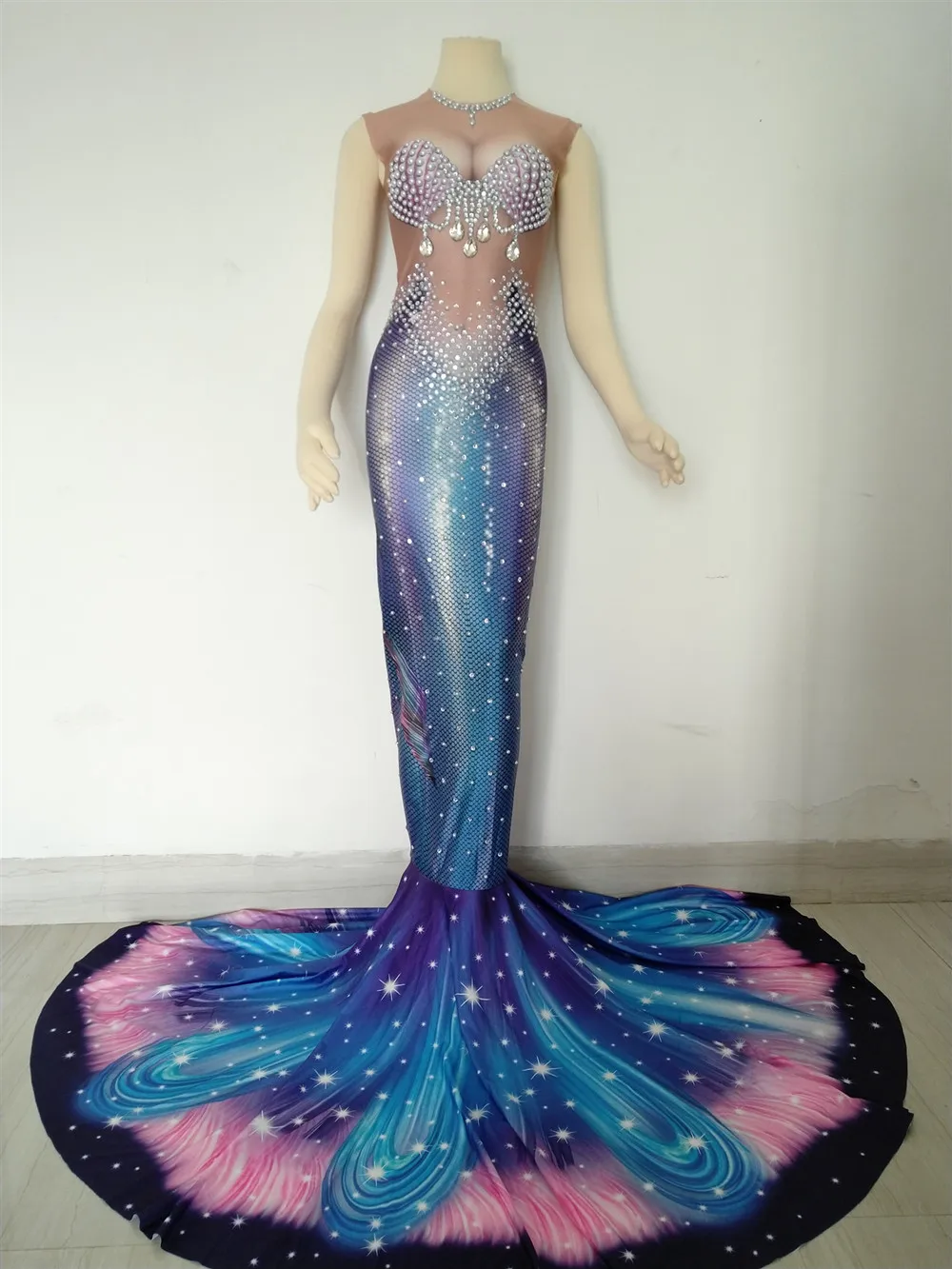 Sexy Pearls Rhinestones Mermaid Long Dress Party Banquet Women Trumpet Trailing Singer Cosplay Stage Costumes | Женская одежда