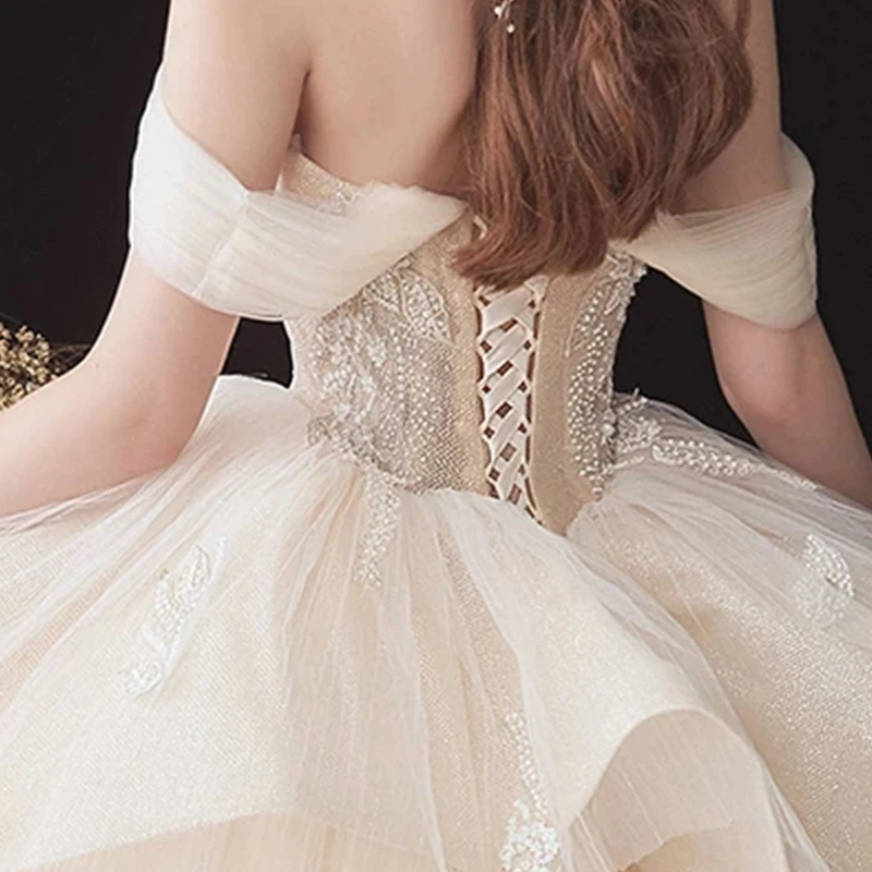

Wedding Dresses Illusion V-Neck Short Sequined Pearls Off The Shoulder Backless Lace Luxury Champagne Women Bridal Gown GB420