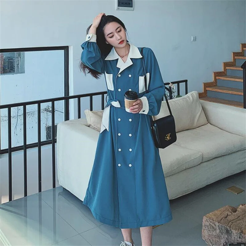 Trench coat women contrast color clothes double-breasted dress spring autumn suit collar korean loose long skirt manteau femme