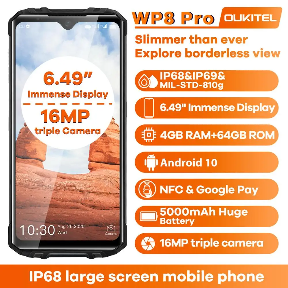 Смартфон OUKITEL WP8 Pro защищенный, IP68, Android 10, 4 + 64 ГБ, 5000 мА · ч, тройная камера 16 МП, NFC, 6,49 дюйма, мобильный телефон, водонепроницаемый