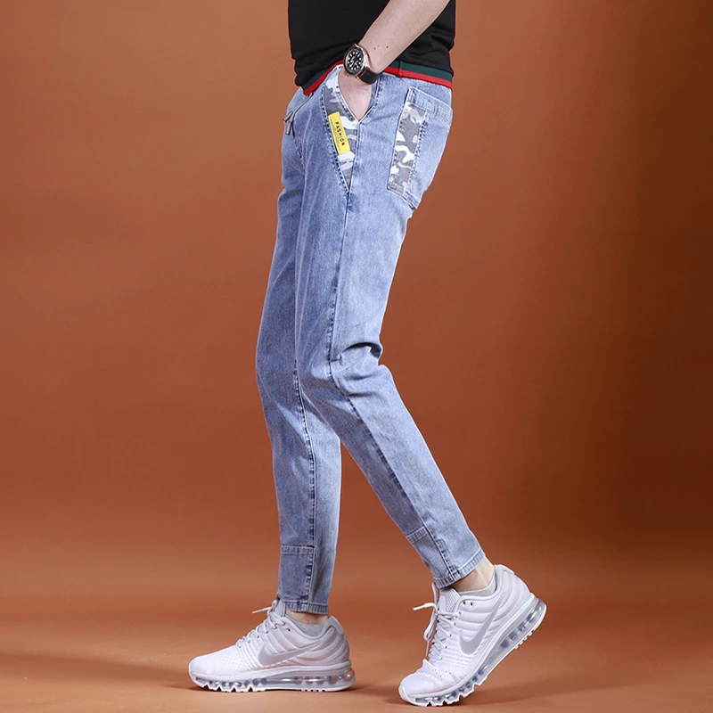 Summer Men's Light Blue Jeans Casual Camouflage Pockets Spliced Ankle-Length Pants Drawstring Denim Trousers