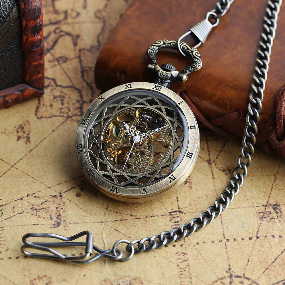 Relojes de bolsillo mecánicos manuales con esqueleto negro/bronce transparente, cadena colgante, reloj de bolsillo