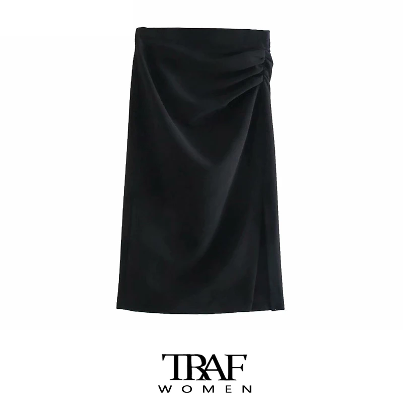 

TRAF Za Women Fashion Office Wear Draped Pencil Midi Skirt Vintage High Waist Side Zipper Slit Hem Female Skirts Mujer