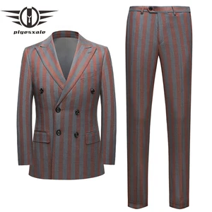 Мужской двубортный костюм, новинка 2021, облегающий мужской деловой костюм в полоску, свадебные костюмы для жениха, мужская мода (пиджак + брюки) Q1118
