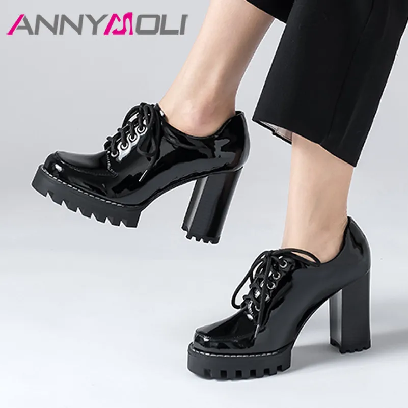 

ANNYMOLI High Heels Women Pumps Natural Genuine Leather Square High Heel Shoes Cow Patent Leather Round Toe Pumps Female Size 42