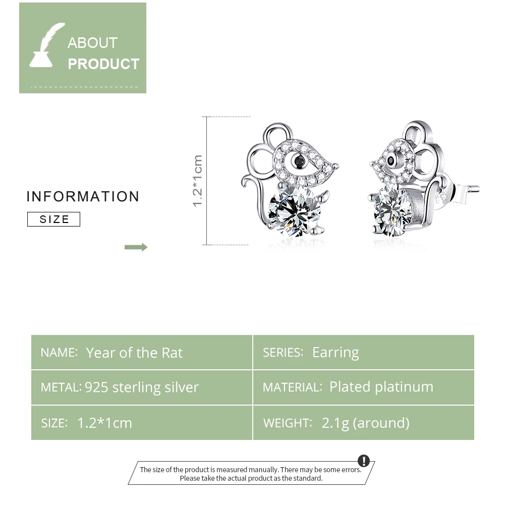 WOSTU Authentic 925 Sterling Silver Lovely Mouse Stud Earrings For Women Clear Zircon Small Fashion Jewelry Gift FIE826 | Украшения и