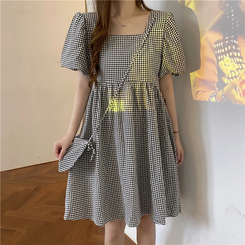 

Vintage Square Collar Plaid Women Short Dress 2021 Casual Puff Sleeve A-line High Waist Cute Mini Dress Summer Ladies Vestidos