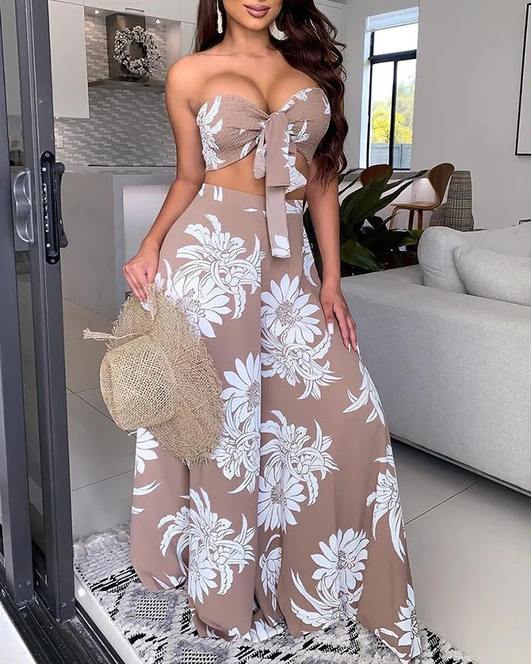 

Women Floral Printed Tube Jumpsuit Tie Front Frill Hem Cutout Long Overalls Wide Leg Jumpsuits