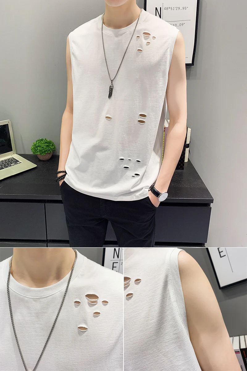 

Hole solid color round neck Tank Tops men's casual fashion youth trend clothing thin section breathable wild 2021 summer new