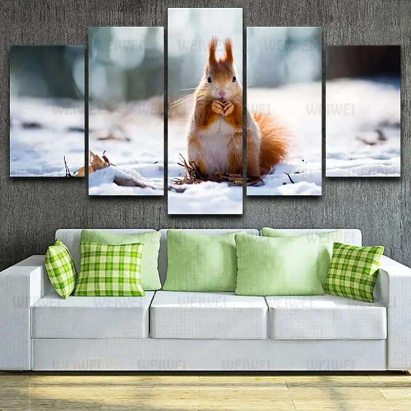 

Modern Style Murals Canvas Painting Bed Home Decoration Prints 5 Pieces Snowfield Animal Squirrel Living Room Wall Mural