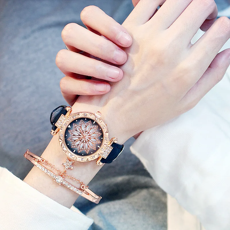 

Women Starry Sky Watch Luxury Rose Gold Diamond Watches Ladies Casual Leather Band Quartz Wristwatch Female Clock zegarek damski