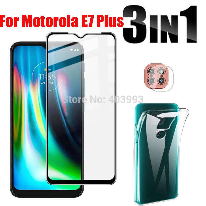 Защитная пленка 3 в 1 + чехол для телефона Motorola E7 Plus противоударный стеклянный