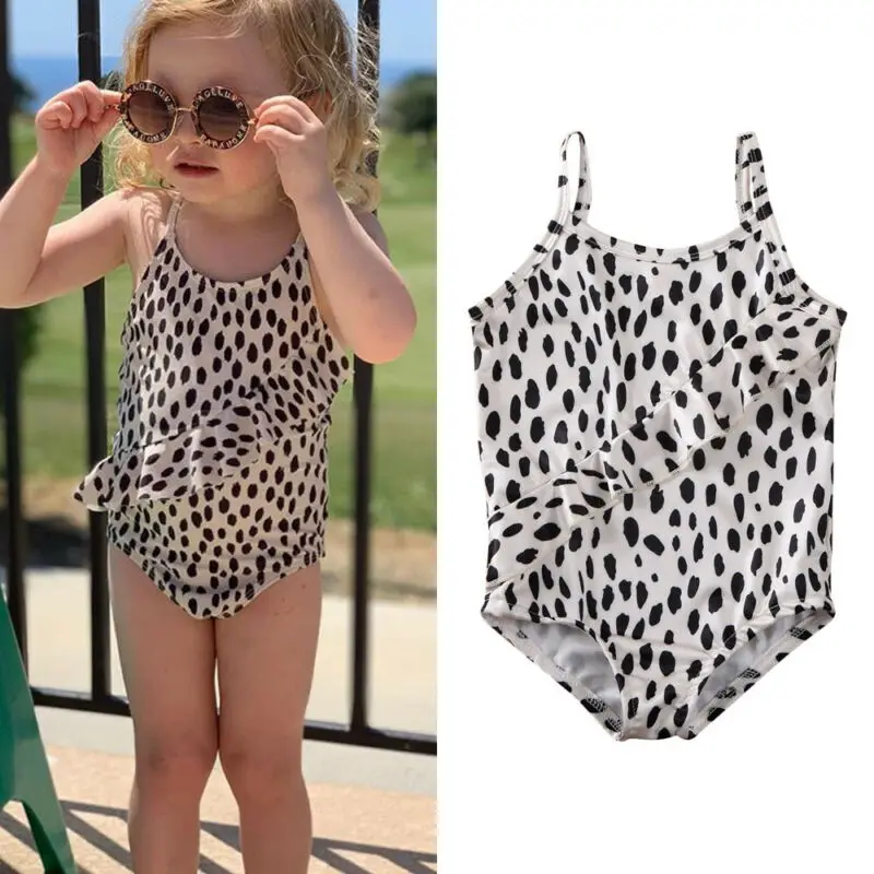 

Baby Kids Girl Leopard Dots Print Swimming Suit Swimsuit Ruffle 1 Piece Bodysuit Beach Costume Summer Swimwear