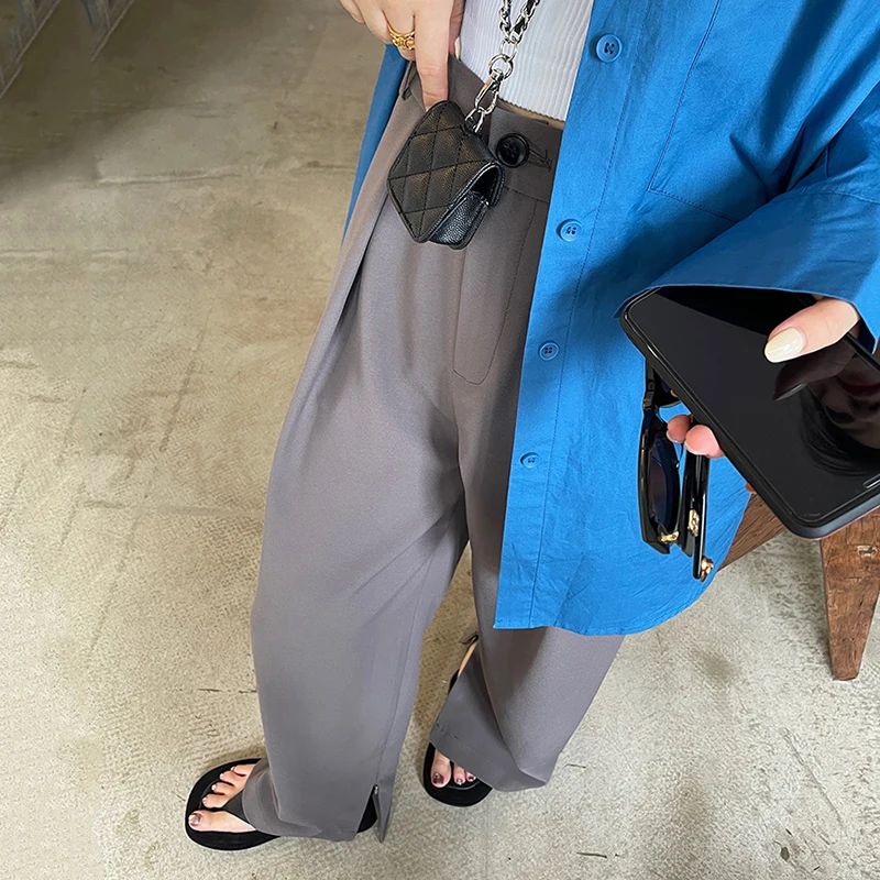 

[EAM] High Waist Gray Pleated Long Wide Leg Casual Trousers New Loose Fit Pants Women Fashion Tide Spring Autumn 2021 1DE1405