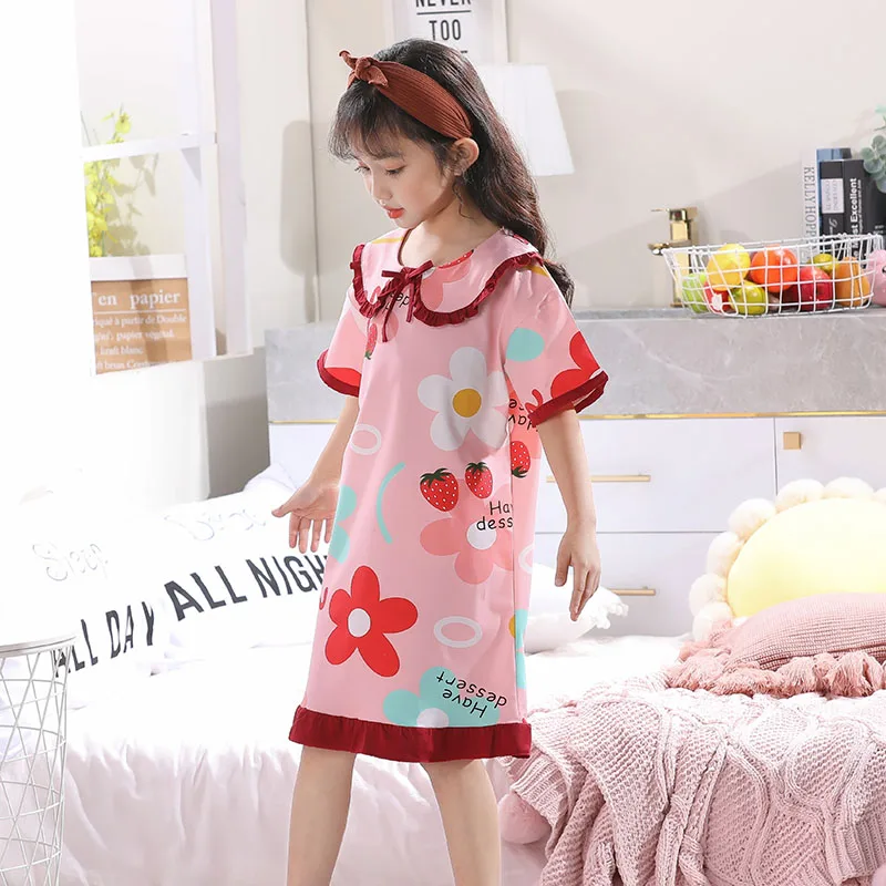 

2021 Summer Girls Nightgown Pajamas Kids Short Sleeved Nightdress Cute Child Baby SleepingDress Girl Big Size Princess Nightgown