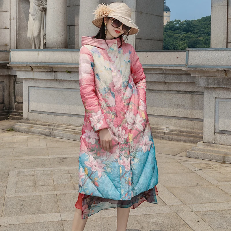 Женский длинный пуховик с капюшоном плотный теплый цветочным принтом Корейская