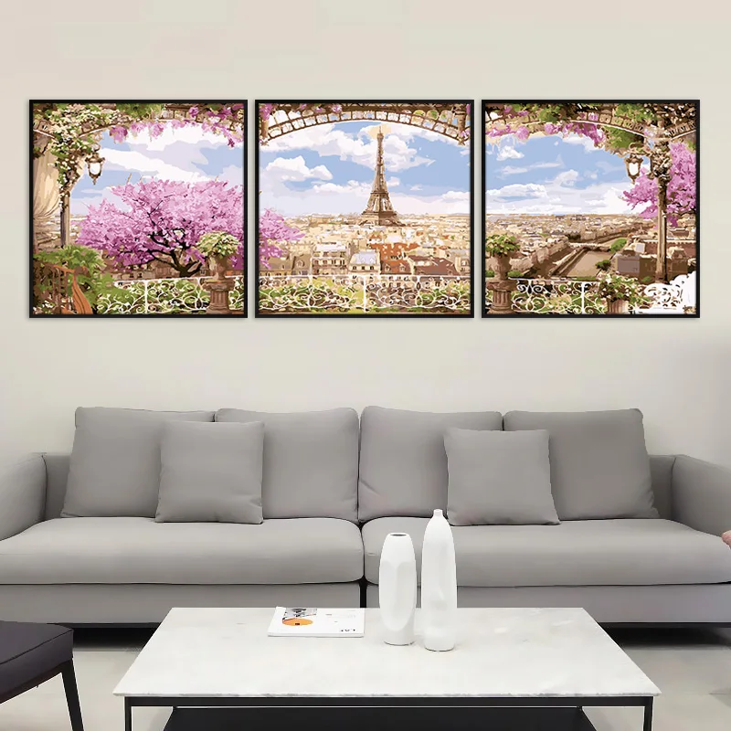 Juego de pintura al &oacute;leo por n&uacute;meros, Tr&iacute;ptico para colorear paisajes, Pintura abstracta, pegatina de pared, decoraci&oacute;n del hogar, 3 unids/set-3