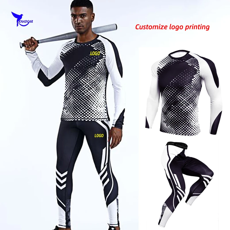 

Custom LOGO Men Printed Running Set Long Sleeve Shirt+Pants 2 Pcs Sport Suit Gym Fitness Tracksuit Quick Dry Training Clothing