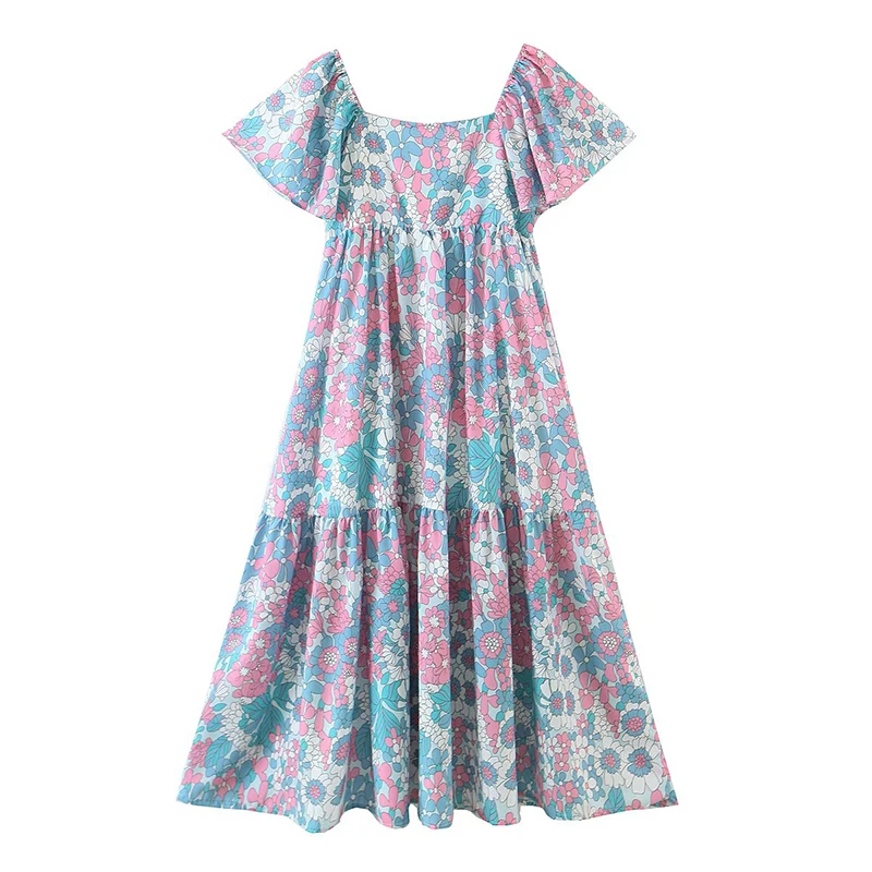 

2022 Women Vintage Floral Print Beach Holiday Dress Ladies Square Neck Flying Sleeve High Waist Big Swing Summer Dress Vestido