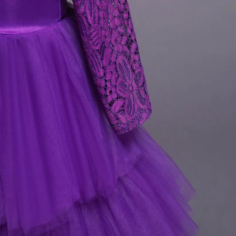 

Flower Girls Dresses Illusion Pearls Embroidery Lace Tulle O-Neck Knee-Length Full Luxury Purple Kids Party Princess Gown F128