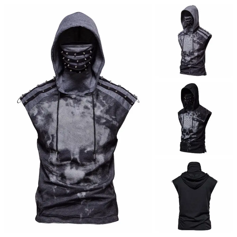 

Men Sleeveless Hooded T-shirts Casual Blouse Loose Tee Drawstring Tops Summer