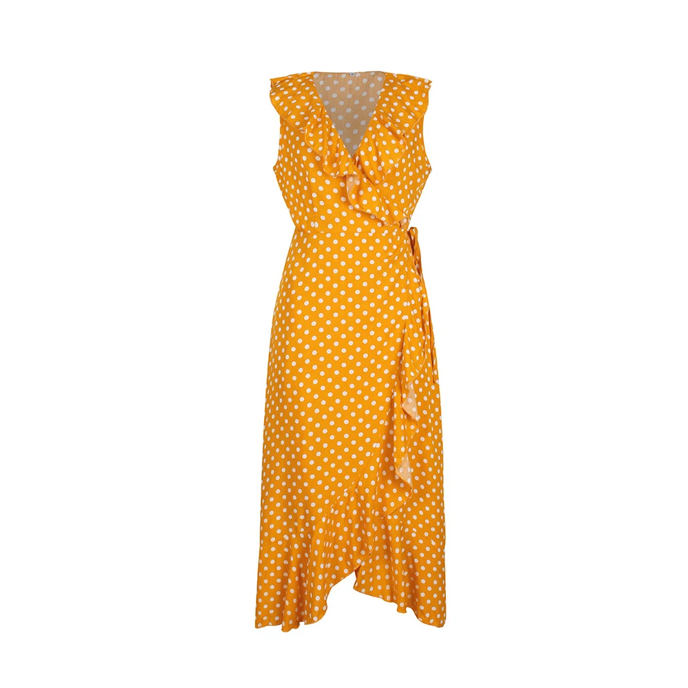 

Polka Dot Women Wrap Midi Dress Elegant V-neck Ruffle Sash Asymmetrical Summer Casual Slim Holiday A-line Dress New Arrival