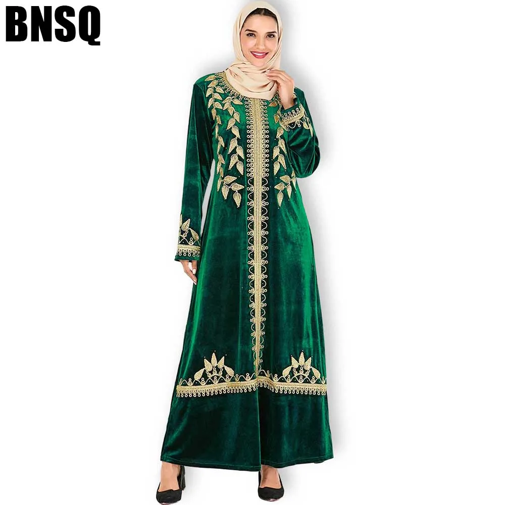 9157 green BNSQ женские макси платья утолщение бархат с длинным рукавом премиум Золото Вышивка Этническая зимняя одежда женское стильное платье арабский abaya - Цвет: 9157 green