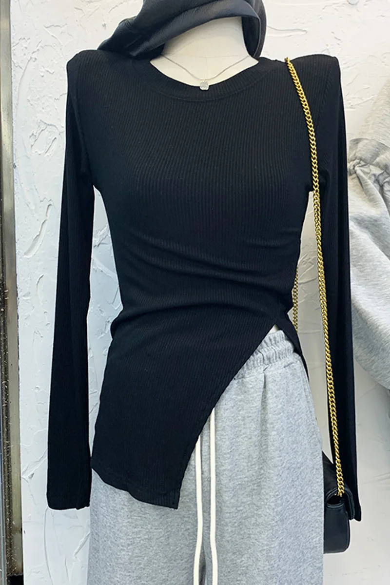 

Pure Color Split long-sleeved Sweater Women's Autumn 2021 new slim Slimming all-match Fashion Bottoming Shirt top Fashion Trend