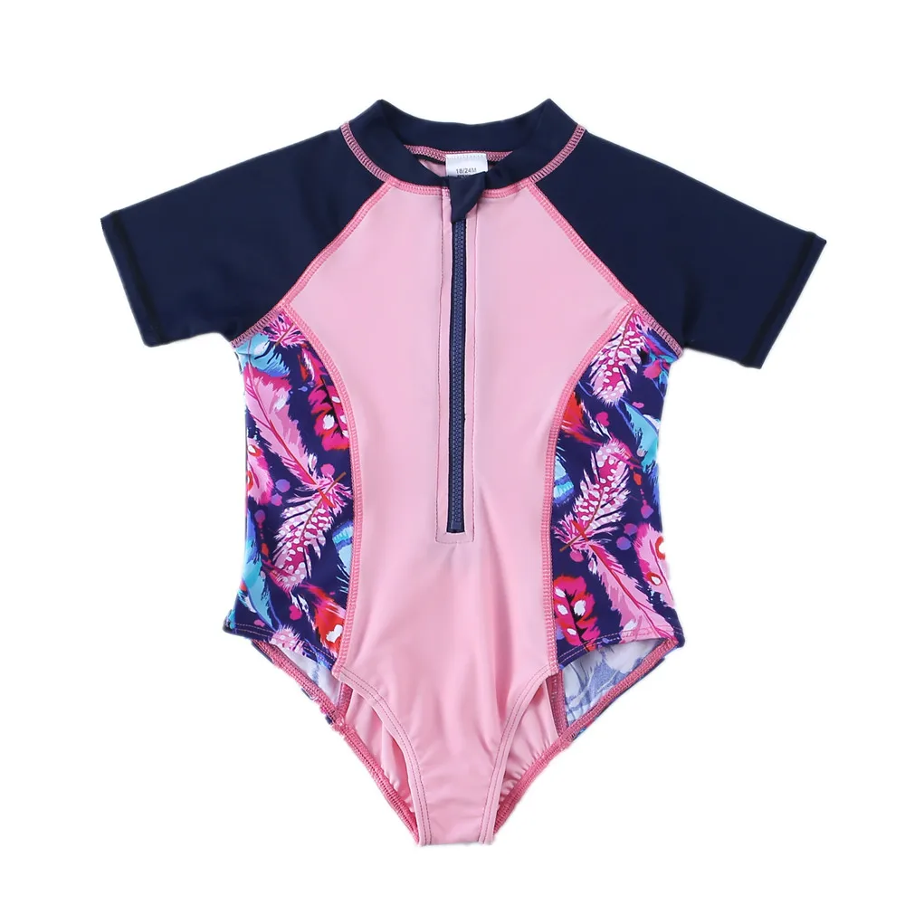 Wishere One-piece Swimsuit Printed Bikini Cute Baby Girls' Swimwear Short Sleeves Infant Swimming Suit UPF50+ Sunsuit For Kids