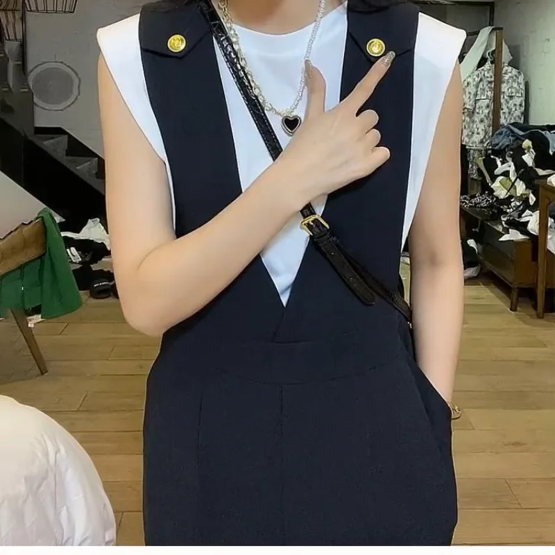 

2021 summer women's Black overalls wide-leg pants new fashion British style high waist nine-point pants wild slim suit overalls