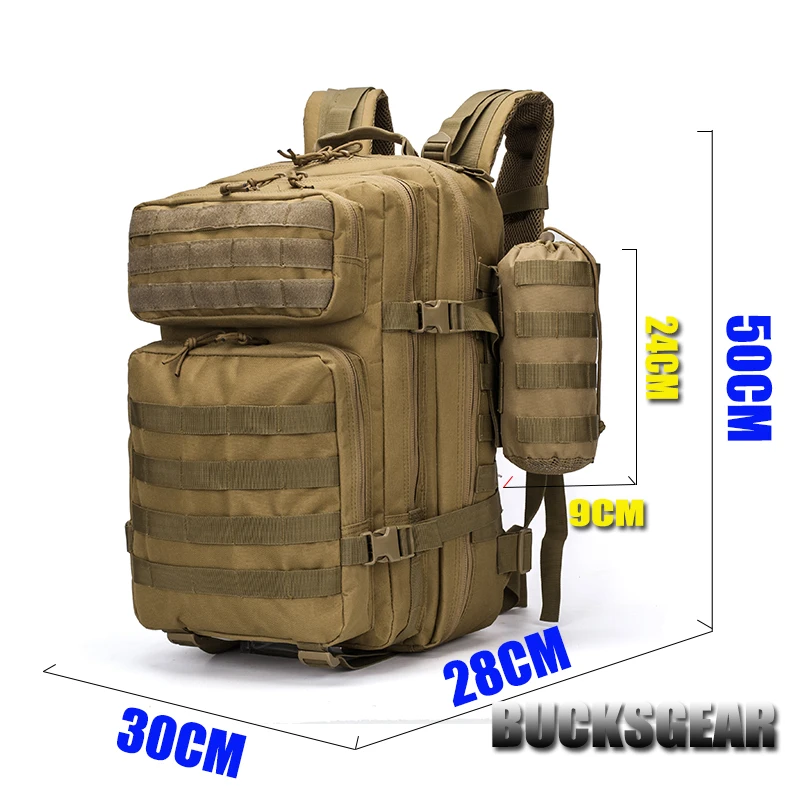 구매 버크기어 45l 대형 스토리지 3p 전술 배낭 Molle 시스템 야외 캠핑 밀리터리 어소셜 배낭 물병 파우치 포함