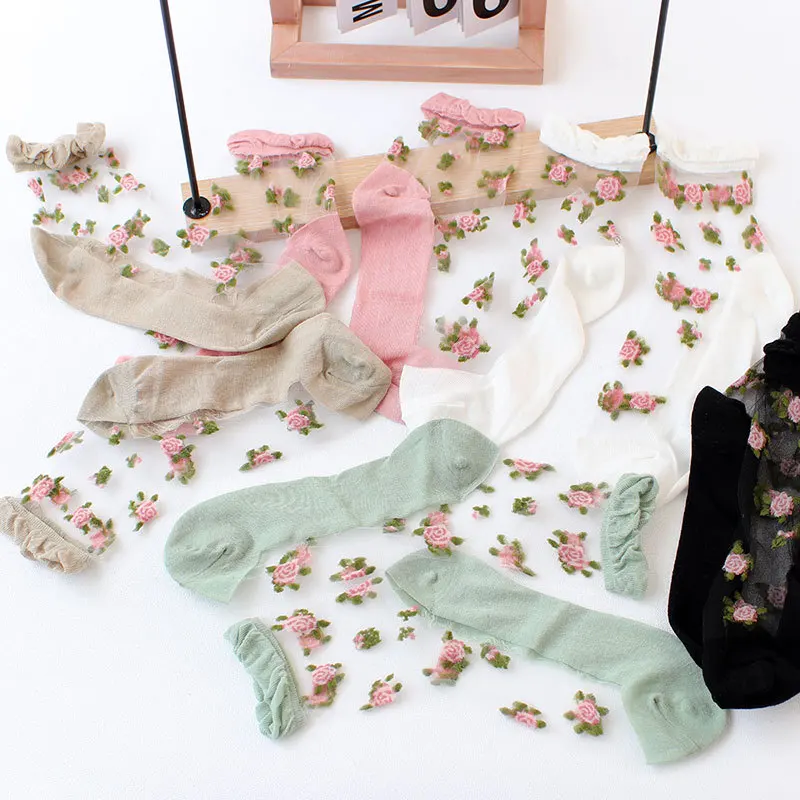 

Fashion Spring Summer Candy Color Flower Transparent Socks Solid Women Soft Comfortable Lovely Mesh Thin Glass Fiber Socks