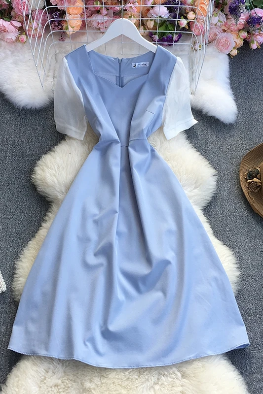 

2021 New Summer Vintage square collar short sleeve Dress hit color patchwork high waist pleated waist mid-length A-line Dress