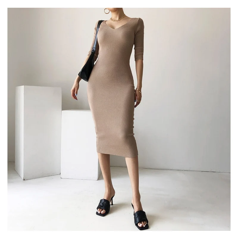 

Contracted temperament figure with elastic han edition short sleeve v-neck low-cut dress show thin inside take package hip dress