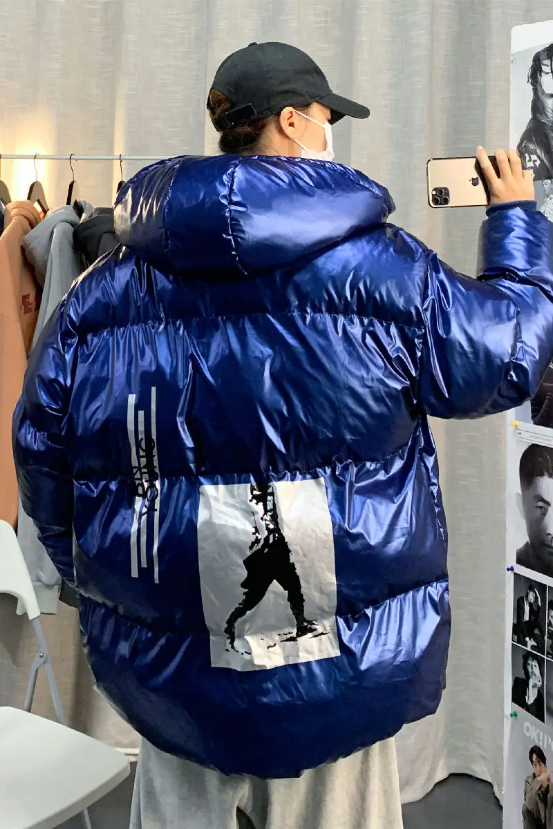 

Hooded Jacket Men's Winter Plus Velvet Thicken Printed Letter Pattern Windproof Coat Loose Bread Clothes Warm Male Clothing