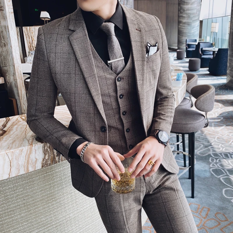 Мужской Клетчатый костюм из 3 предметов в британском стиле новинка весны 2020