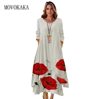 movokaka 2022 long dress women beach spring summer vintage long sleeve elegant dress button casual print vestidos designer dress
