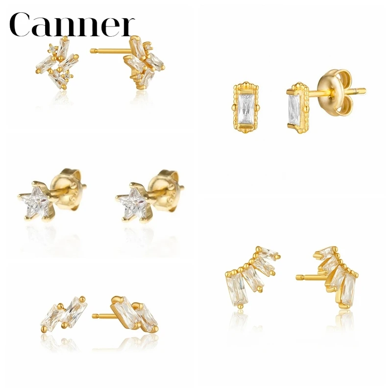

Canner 925 Sterling Silver Stud Earrings For Women Geometric Zircon Crystal Rectangle Earing Fine Jewelry Piercing pendientes W5
