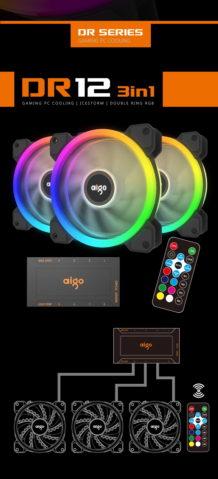 Aigo DR12 чехол для компьютера вентилятор 120 мм бесшумный радиатор кулер 4Pin интерфейс Охлаждающий радиатор дистанционная регулировка скорости вентилятора цвет RGB