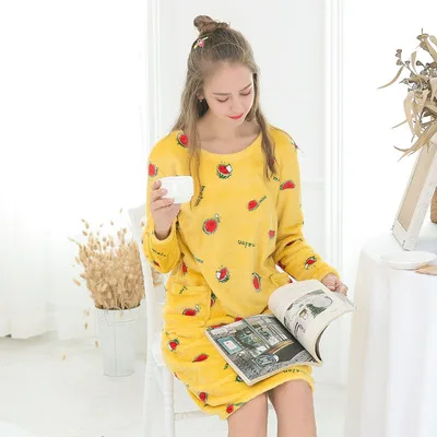 Ночные рубашки женские Kawaii утепленные фланелевые Мультяшные Большие размеры зимние бархатные женские пижамы милые теплые мягкие ночные рубашки шикарные - Цвет: yellow