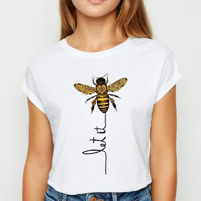 

WK Cute Bee Short Sleeve T-shirt Women Casual Loose T-shirt Female Funny Graphic Tees Cartoon Summer Female T-shirt