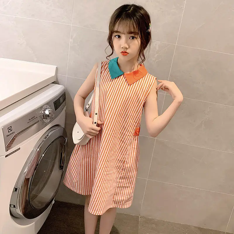 

Summer Sleeveless Dress Girls Casual Knee-Length Striped Dresses Children's Princess Dress 2 Color