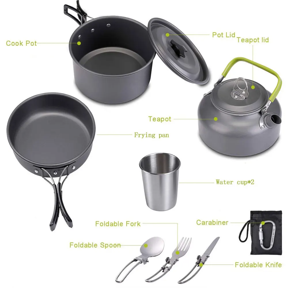 

1 Set Aluminum Alloy Cookware Portable Teapot Folding Pot Cooker Durable Cooking Pan for Camping Outdoor BBQ Kitchen (Black)