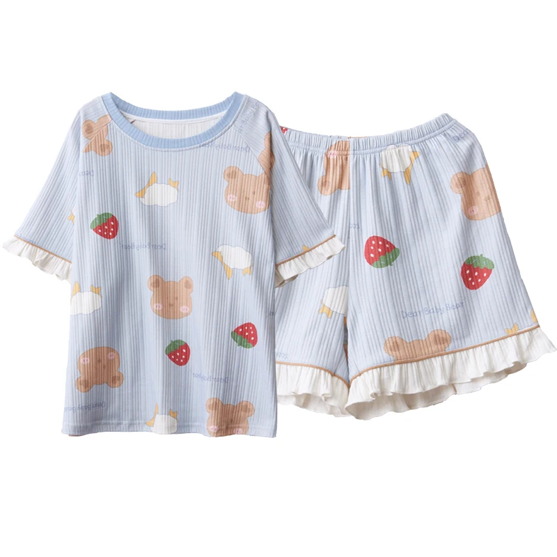 

Summer Couple Pajamas Set Cotton Short Sleeve O-Neck Women Men Nightwear Fashion Fresh Blue Cute Ruffle Cartoon Women Sleepwear