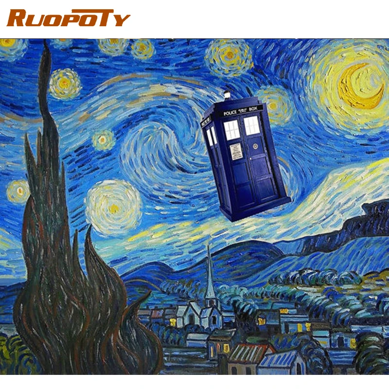 

RUOPOTY Frame Diy Painting By Numbers Kits For Adults Famous Picture Starry sky Landscape Paint By Number Coloring Acrylic Paint