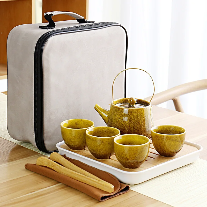 

Kiln Change Kung Fu Tea Set Ceramic Home Office Teaware Simple Lifting Beam Pot One Pot Four Cups With Travel Bag Designer Gift